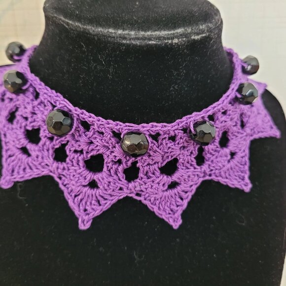 Repurposed Vintage Jewelry on Hand Crafted Crochet Boho / Goth Choker Necklace - Picture 2 of 5